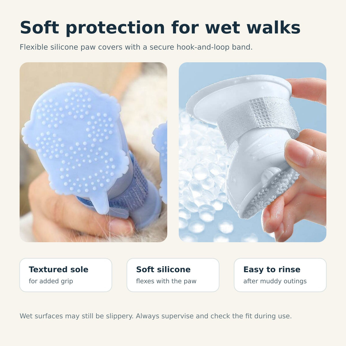 Silicone dog boot textured sole soft material and rinse-clean features