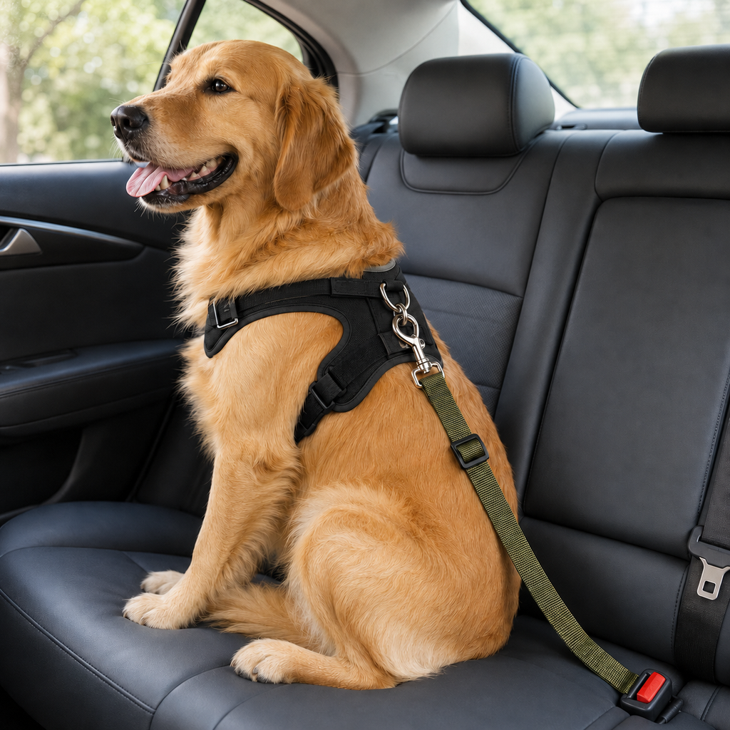 Army Green pet car seat belt tether attached to a dog harness in a vehicle; harness not included