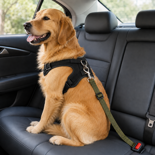Army Green pet car seat belt tether attached to a dog harness in a vehicle; harness not included