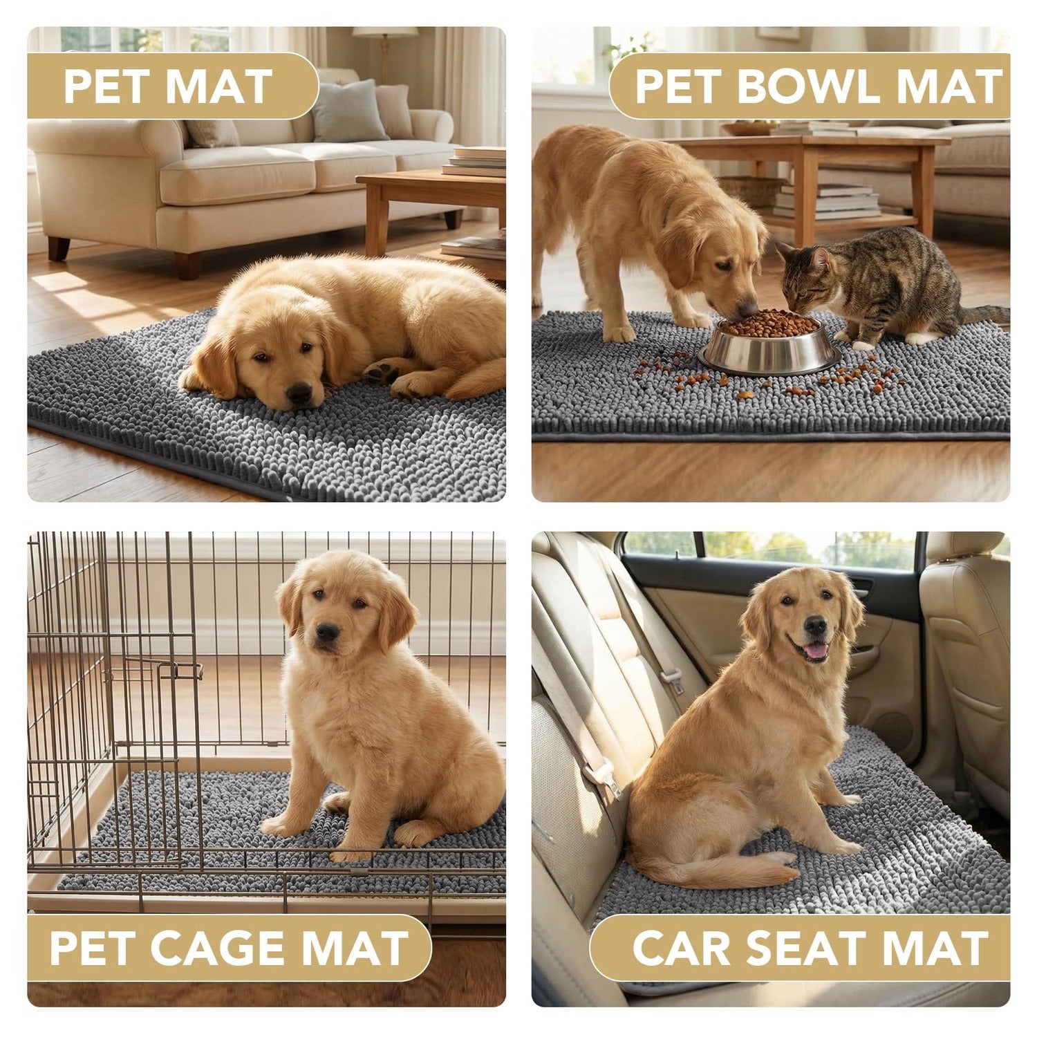 Chenille pet mat shown at an entryway under bowls in a crate and on a car seat