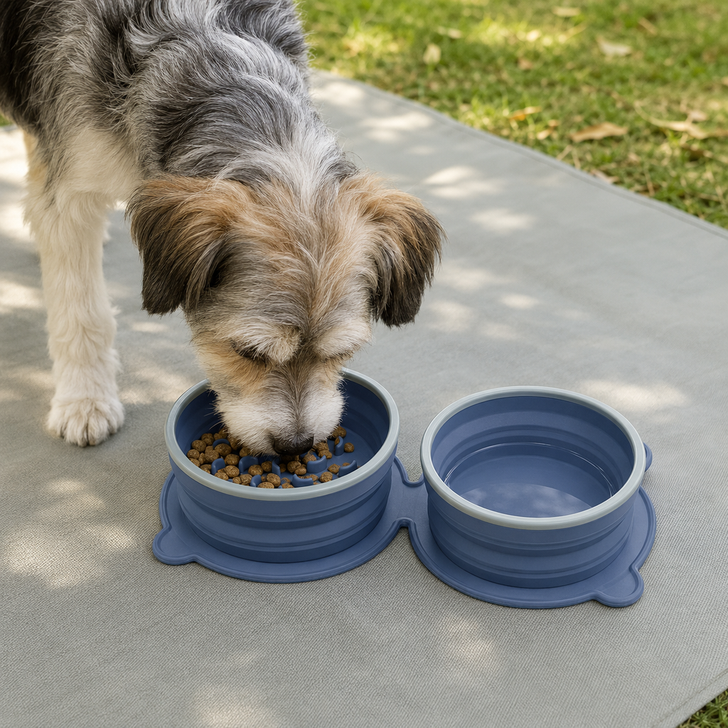 Dog using a dark blue foldable double travel bowl outdoors