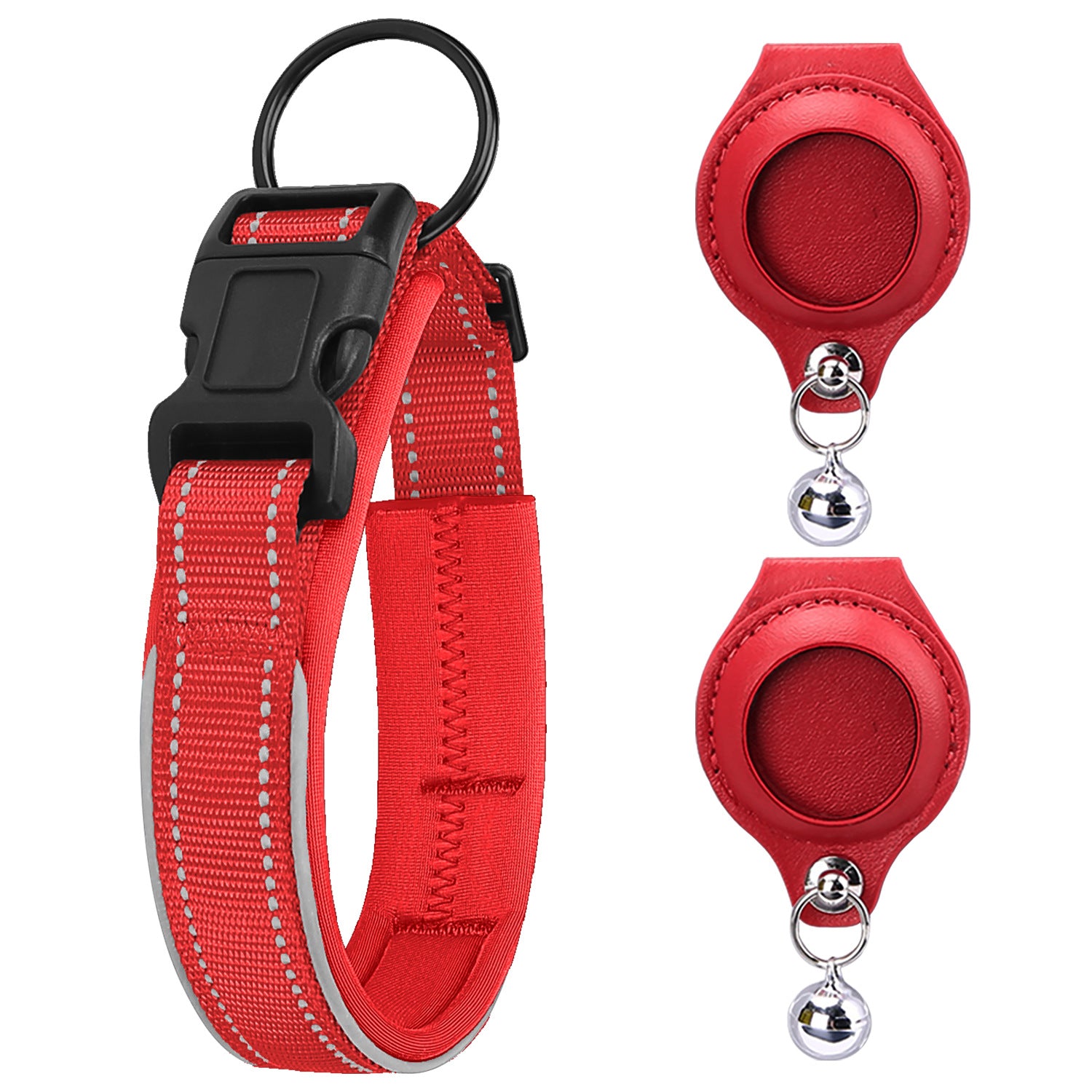 Red reflective pet collar with two matching AirTag holders; Apple AirTag not included