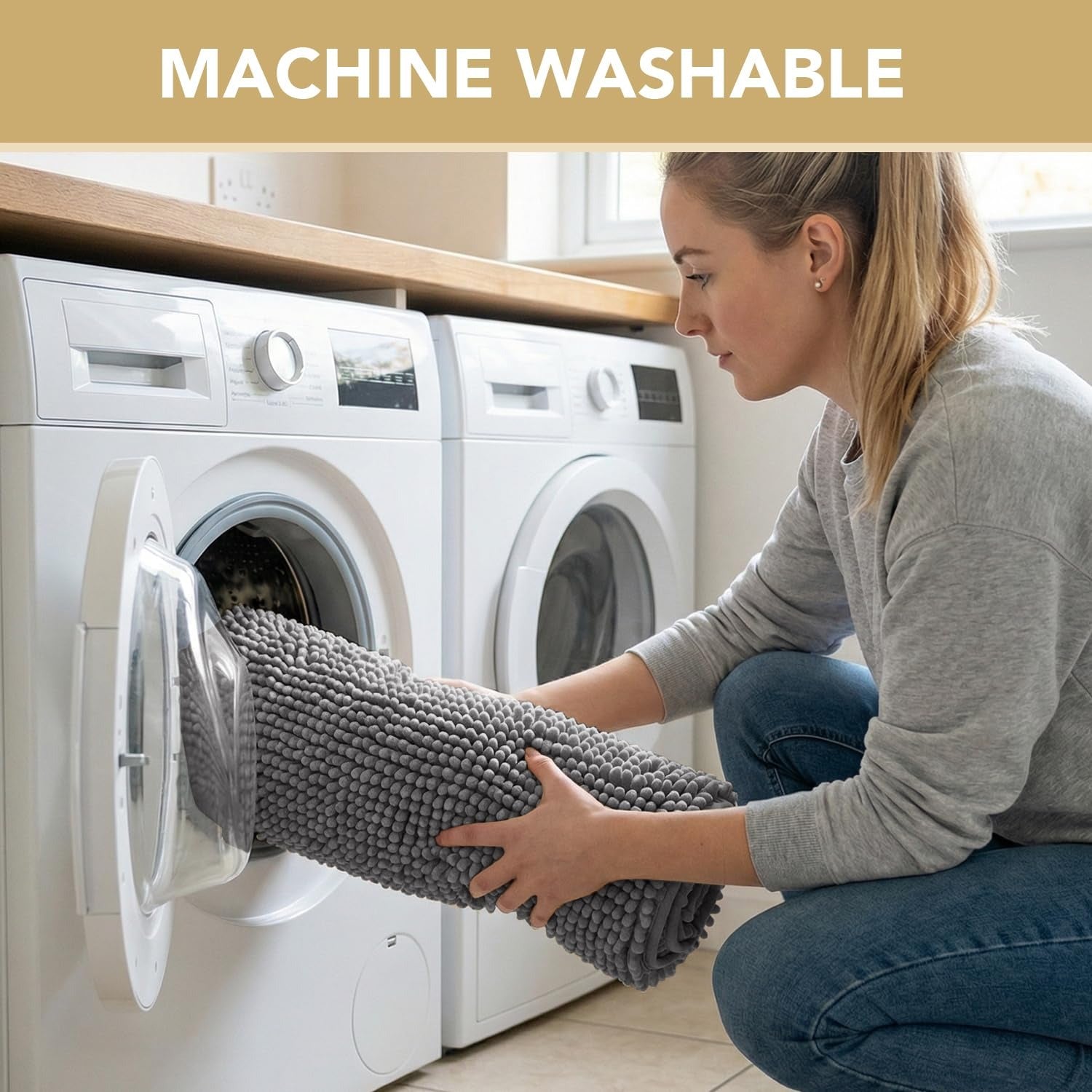 Machine washable chenille dog mat being placed in a washing machine