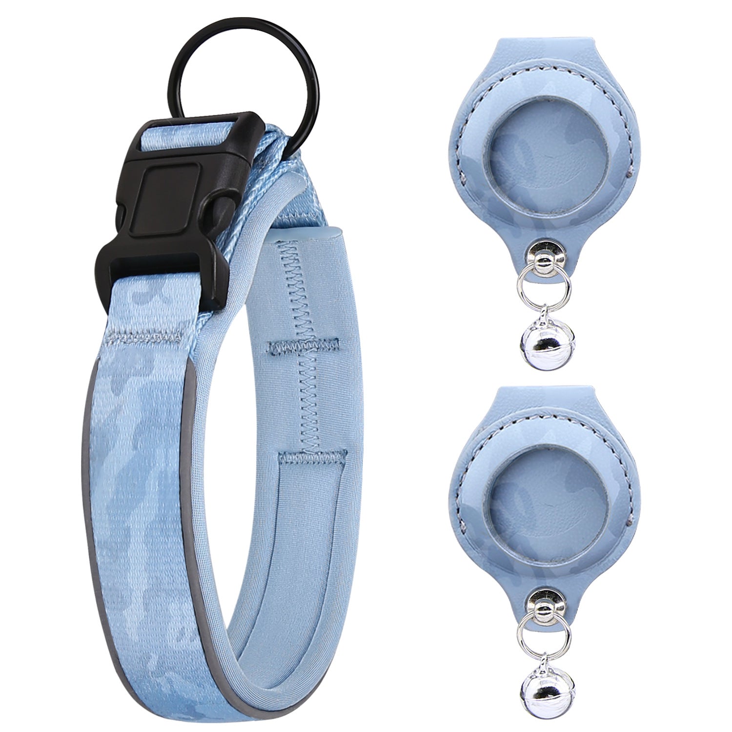 Camouflage Blue reflective pet collar with two matching AirTag holders; Apple AirTag not included