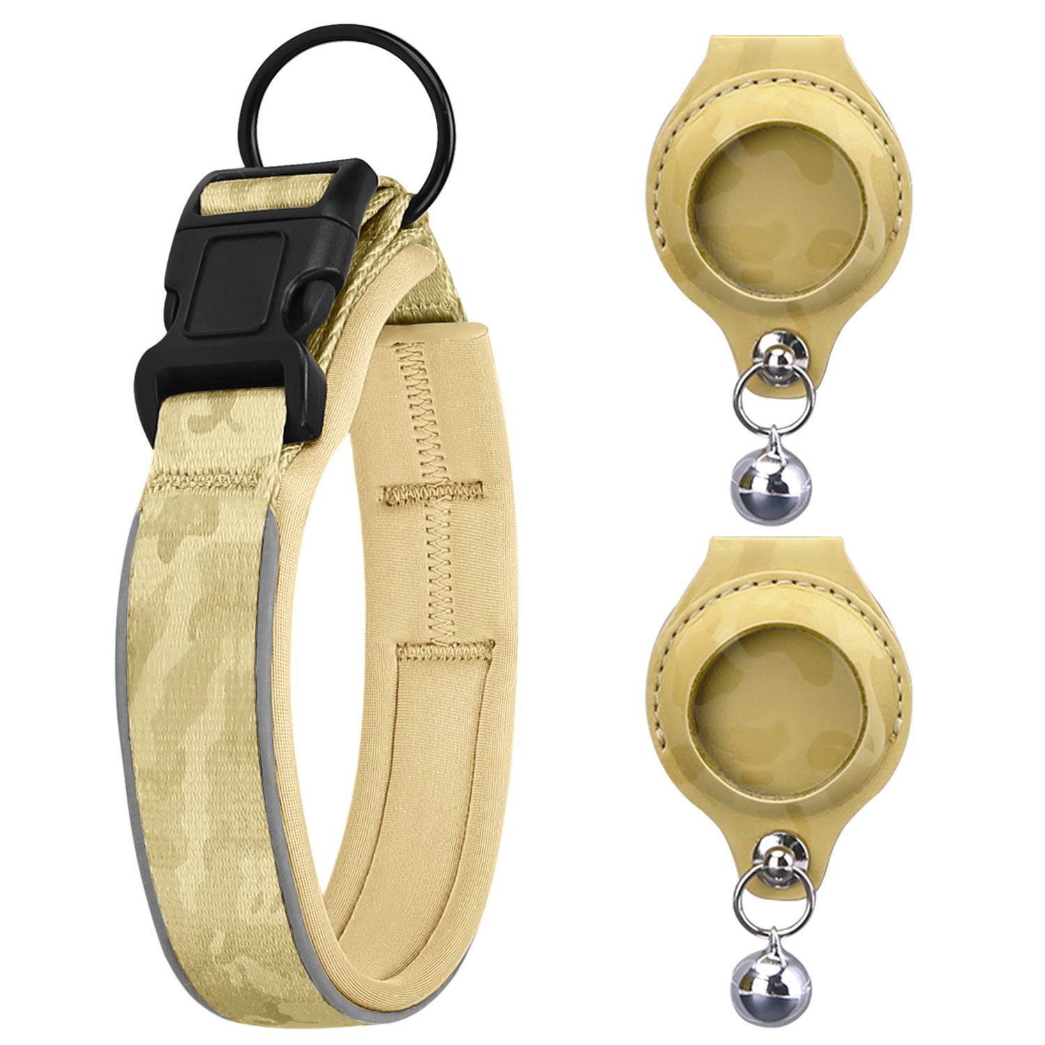 Camouflage Yellow reflective pet collar with two matching AirTag holders; Apple AirTag not included