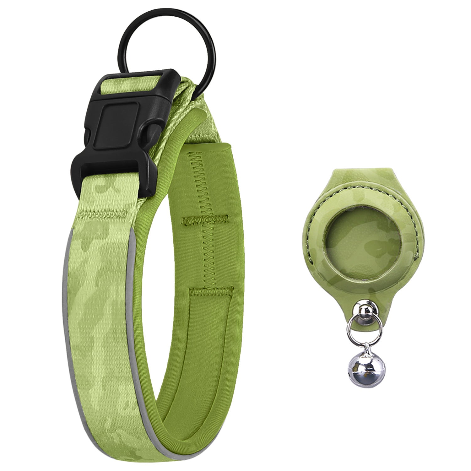 Camouflage Green reflective pet collar with one matching AirTag holder; Apple AirTag not included