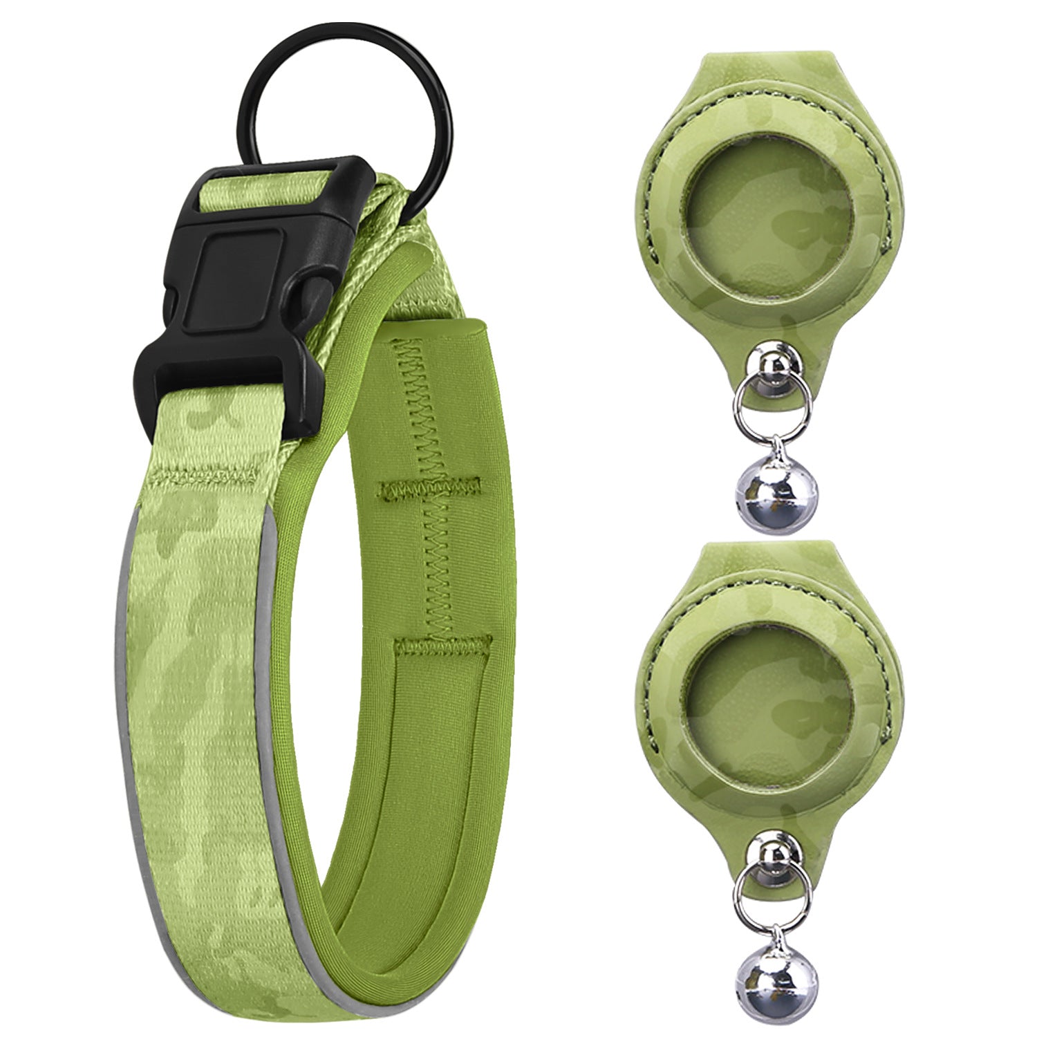 Camouflage Green reflective pet collar with two matching AirTag holders; Apple AirTag not included