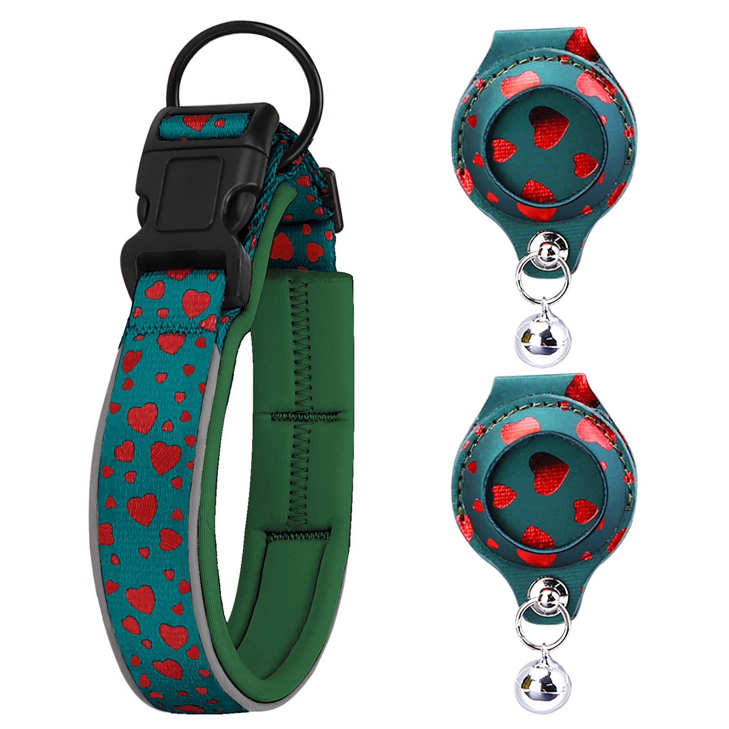 Love Green reflective pet collar with two matching AirTag holders; Apple AirTag not included