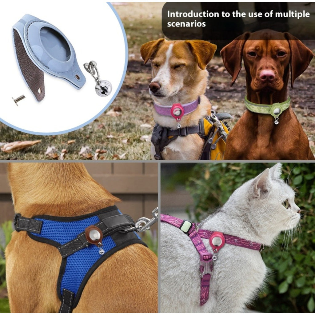 AirTag-compatible collar holder shown on dogs and cats; Apple AirTag not included