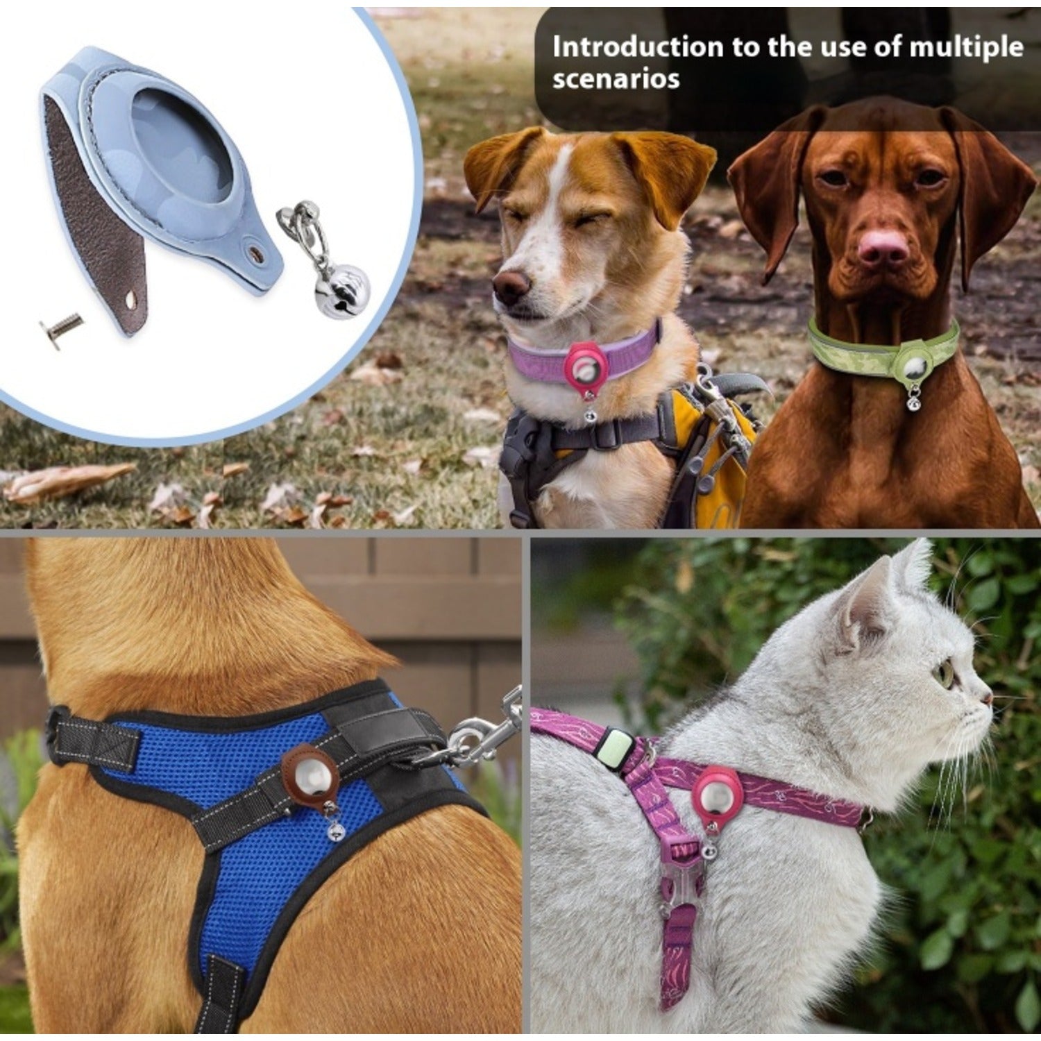AirTag-compatible collar holder shown on dogs and cats; Apple AirTag not included