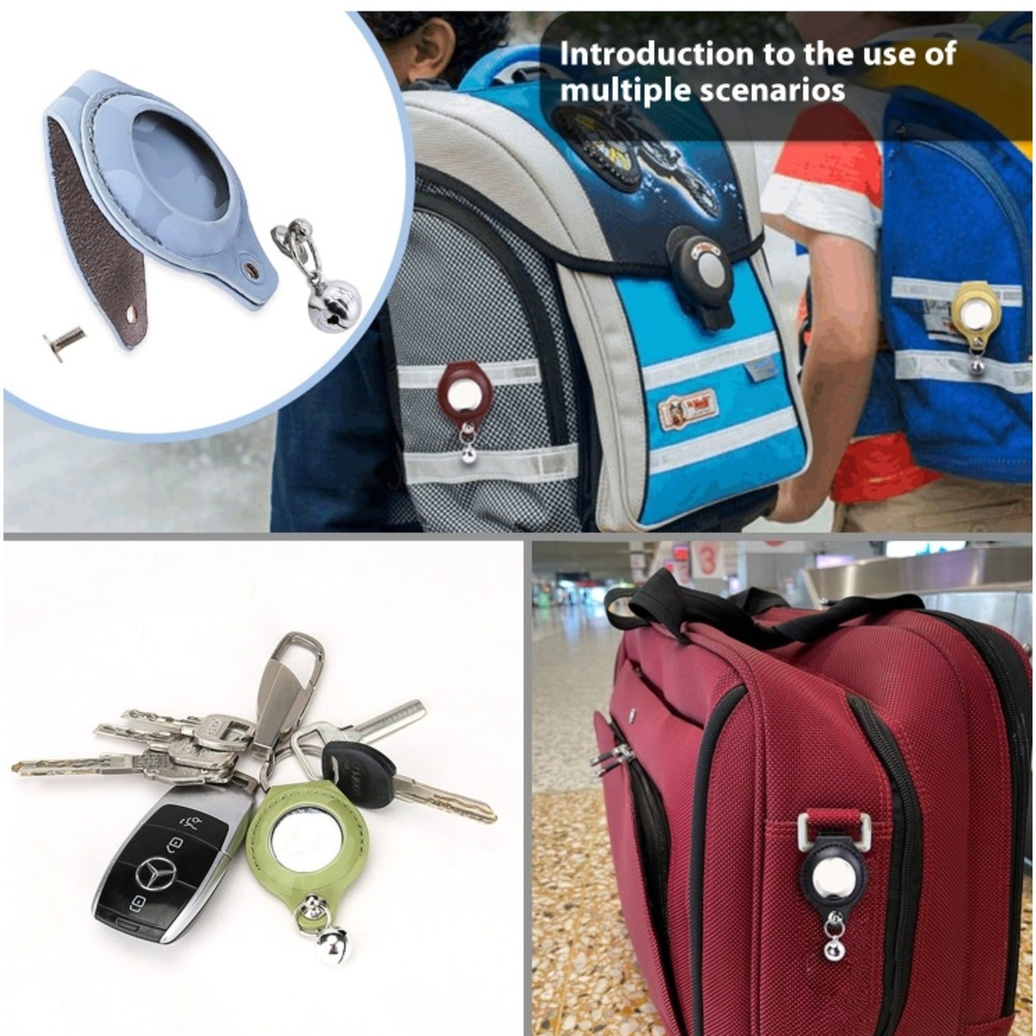 AirTag holder shown on compatible pet collars, harnesses, bags, luggage and keys; Apple AirTag not included