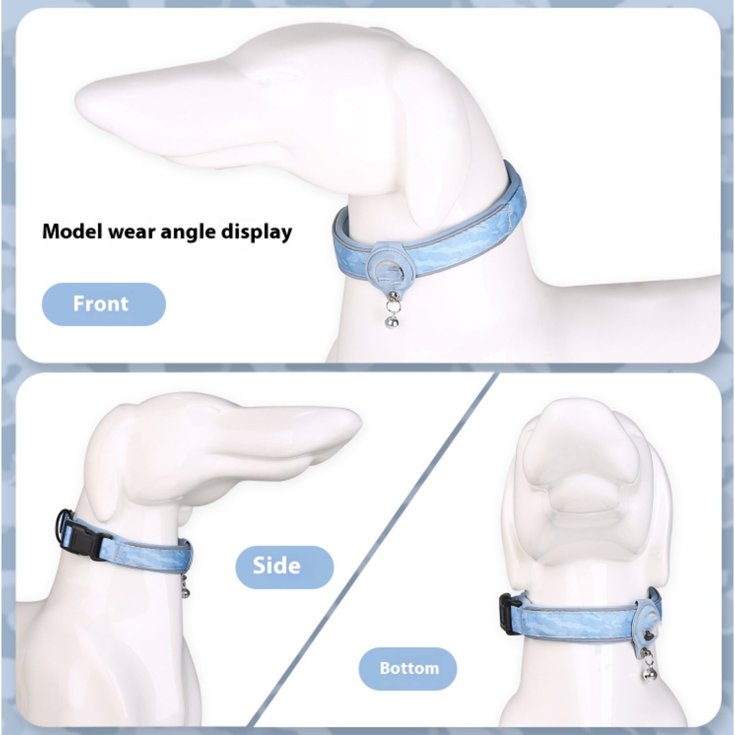 Front, side and underside views of the AirTag-compatible reflective pet collar