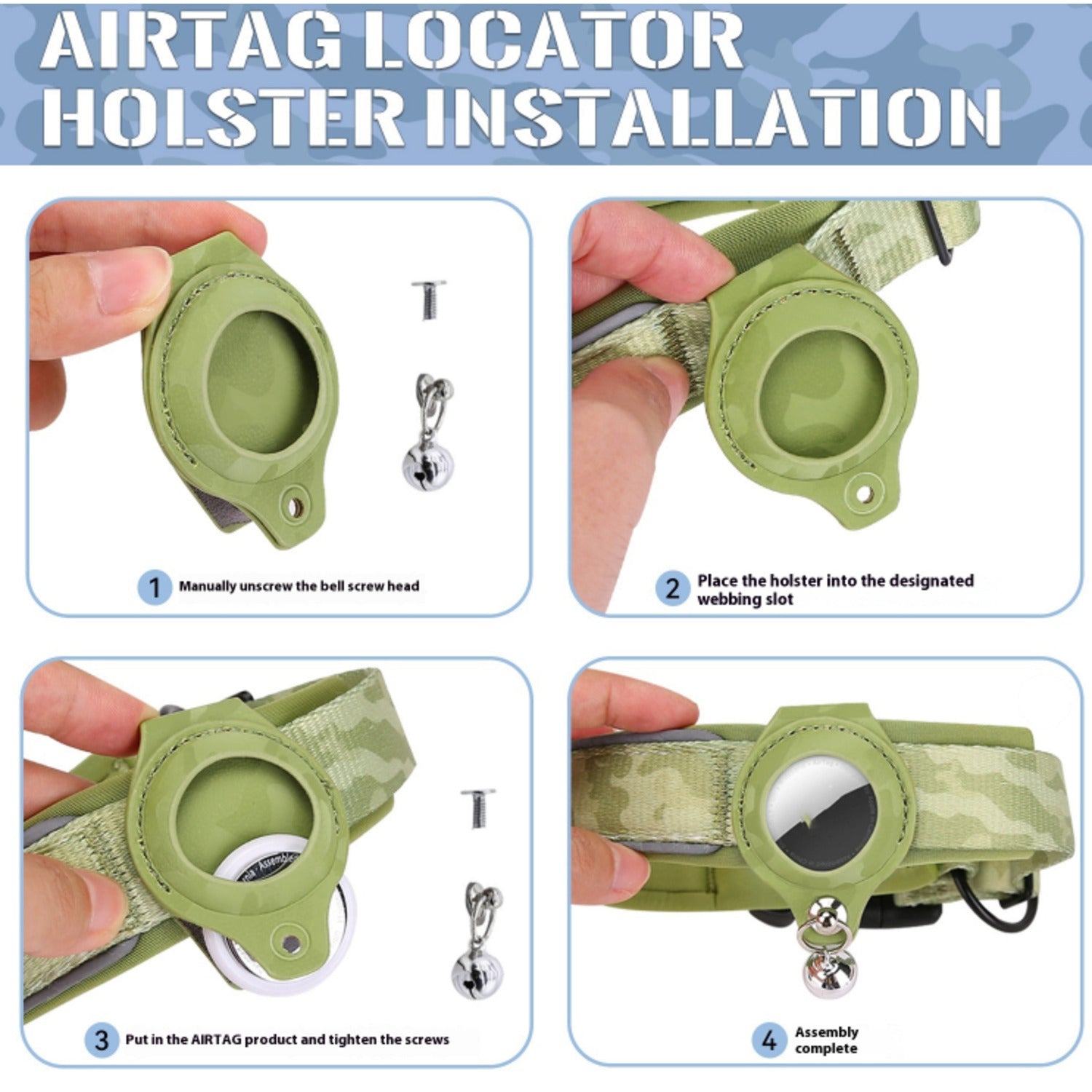 Four-step installation guide for attaching the AirTag holder to the pet collar; Apple AirTag not included