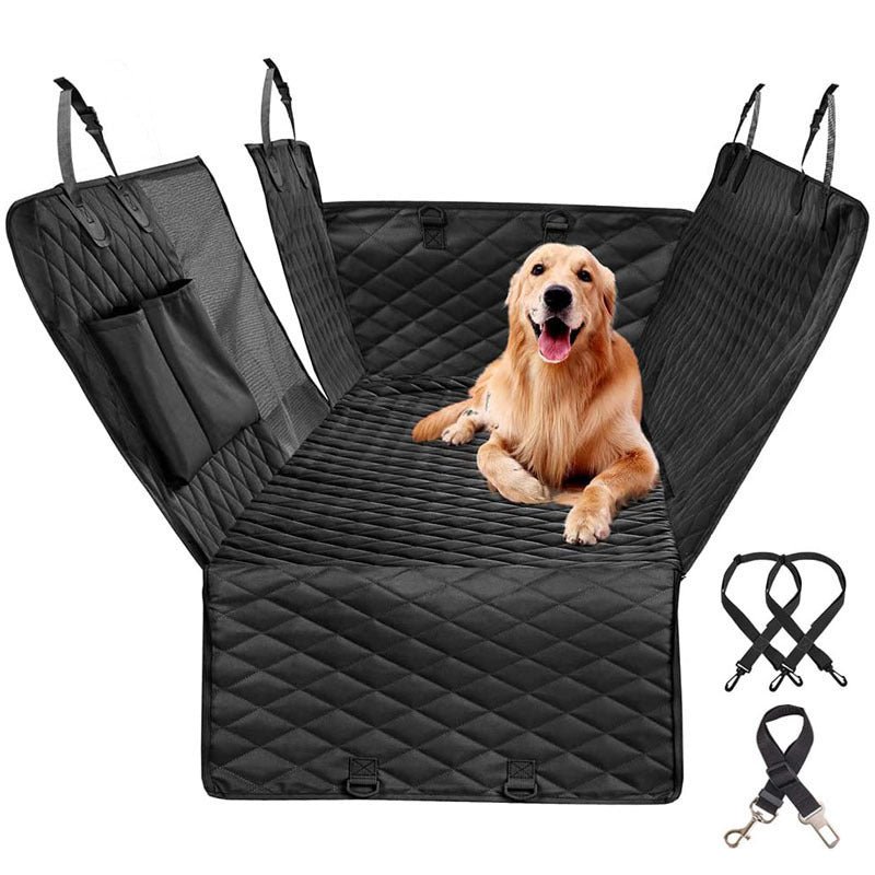Black dog car hammock seat cover with mesh panel, securing straps and seat-belt tether