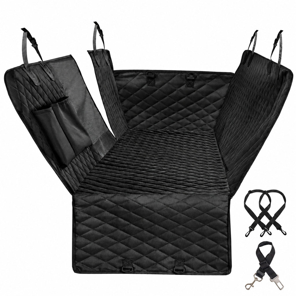 Black quilted rear-seat dog car hammock cover with two securing straps and seat-belt tether