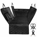 Black quilted rear-seat dog car hammock cover with two securing straps and seat-belt tether