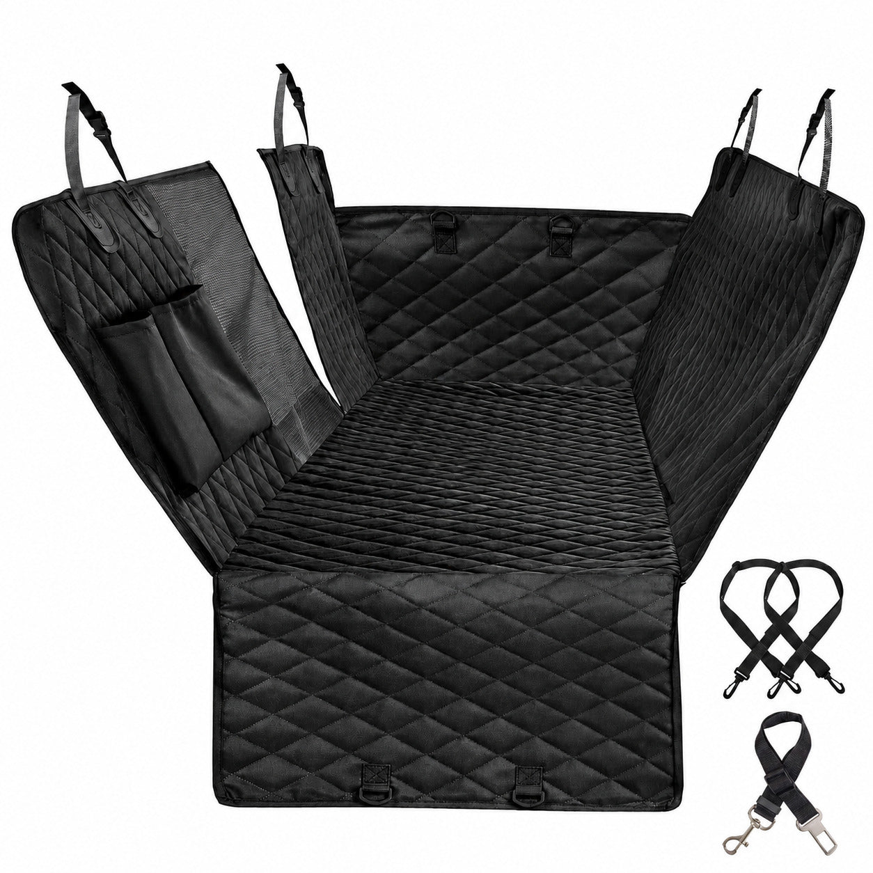 Black quilted rear-seat dog car hammock cover with two securing straps and seat-belt tether