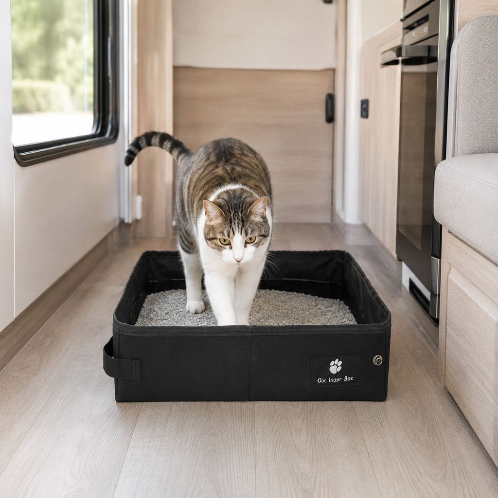 Cat using the Black portable folding litter box inside a travel vehicle