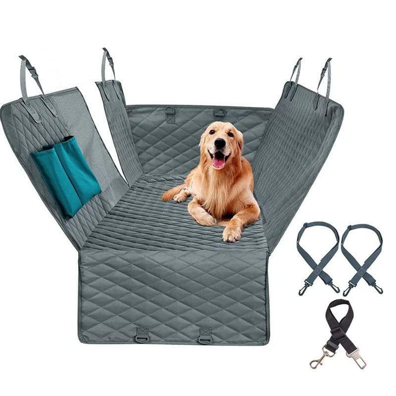 Green dog car hammock seat cover with mesh panel, securing straps and seat-belt tether