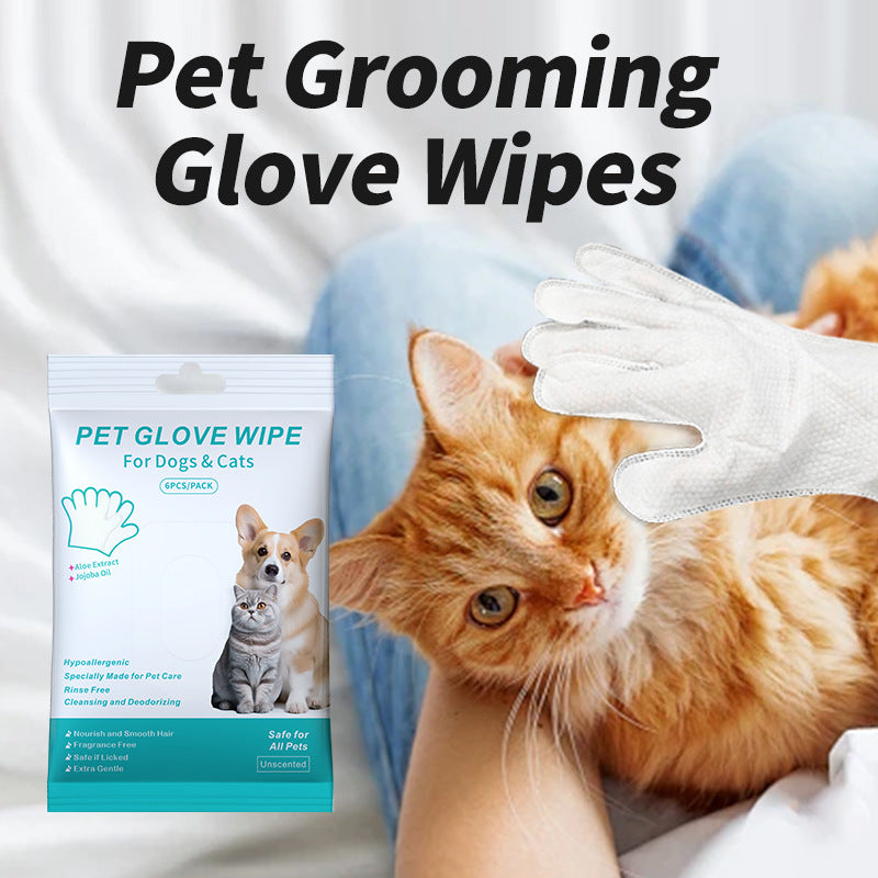 Disposable pet cleaning glove wipe used to groom a cat between baths