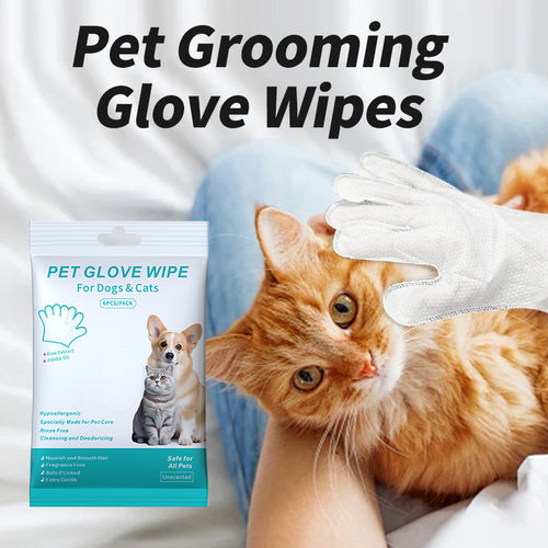 Disposable pet cleaning glove wipe used to groom a cat between baths