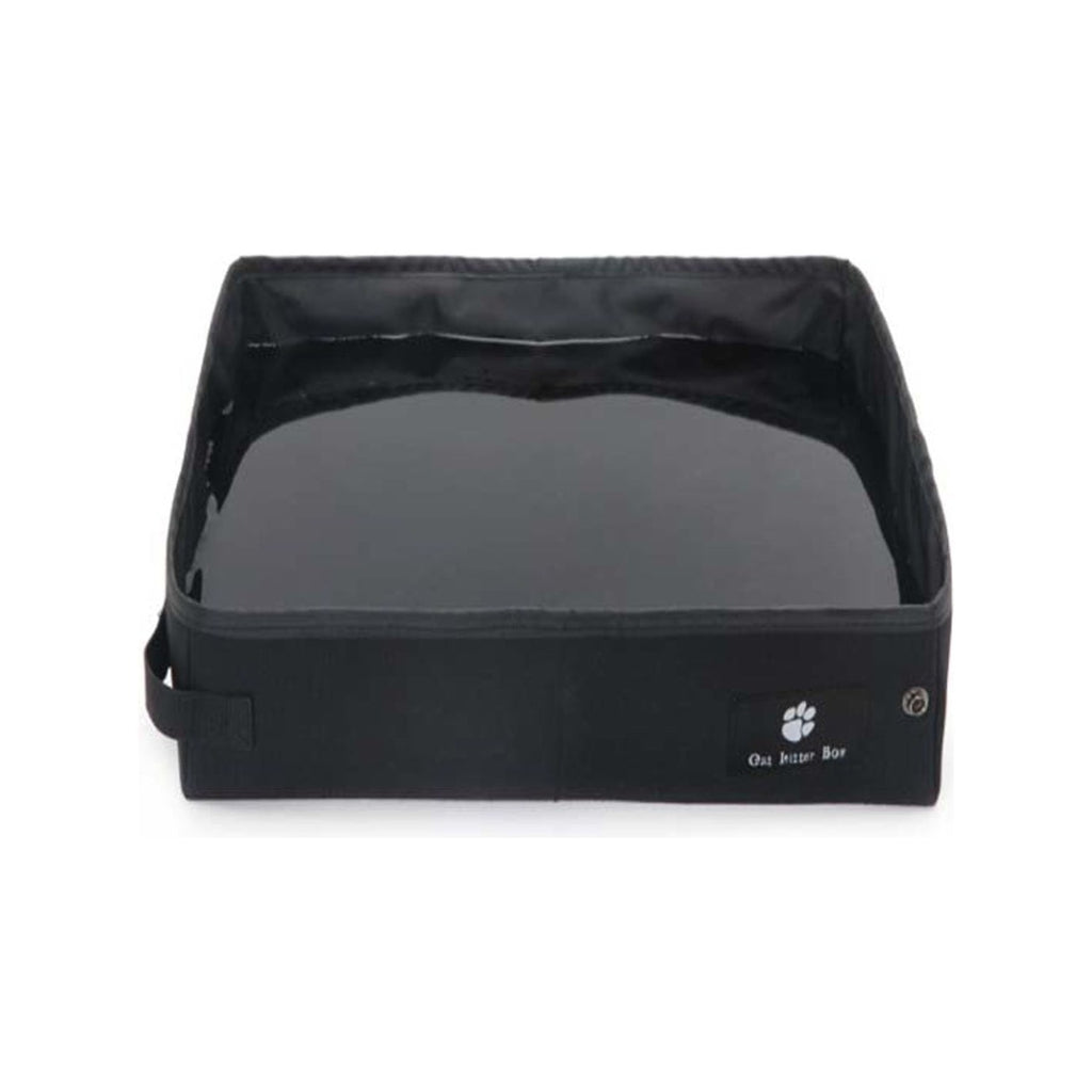 Black portable folding cat litter box shown open and empty