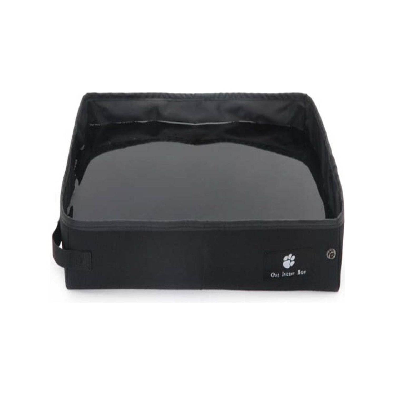 Black portable folding cat litter box shown open and empty